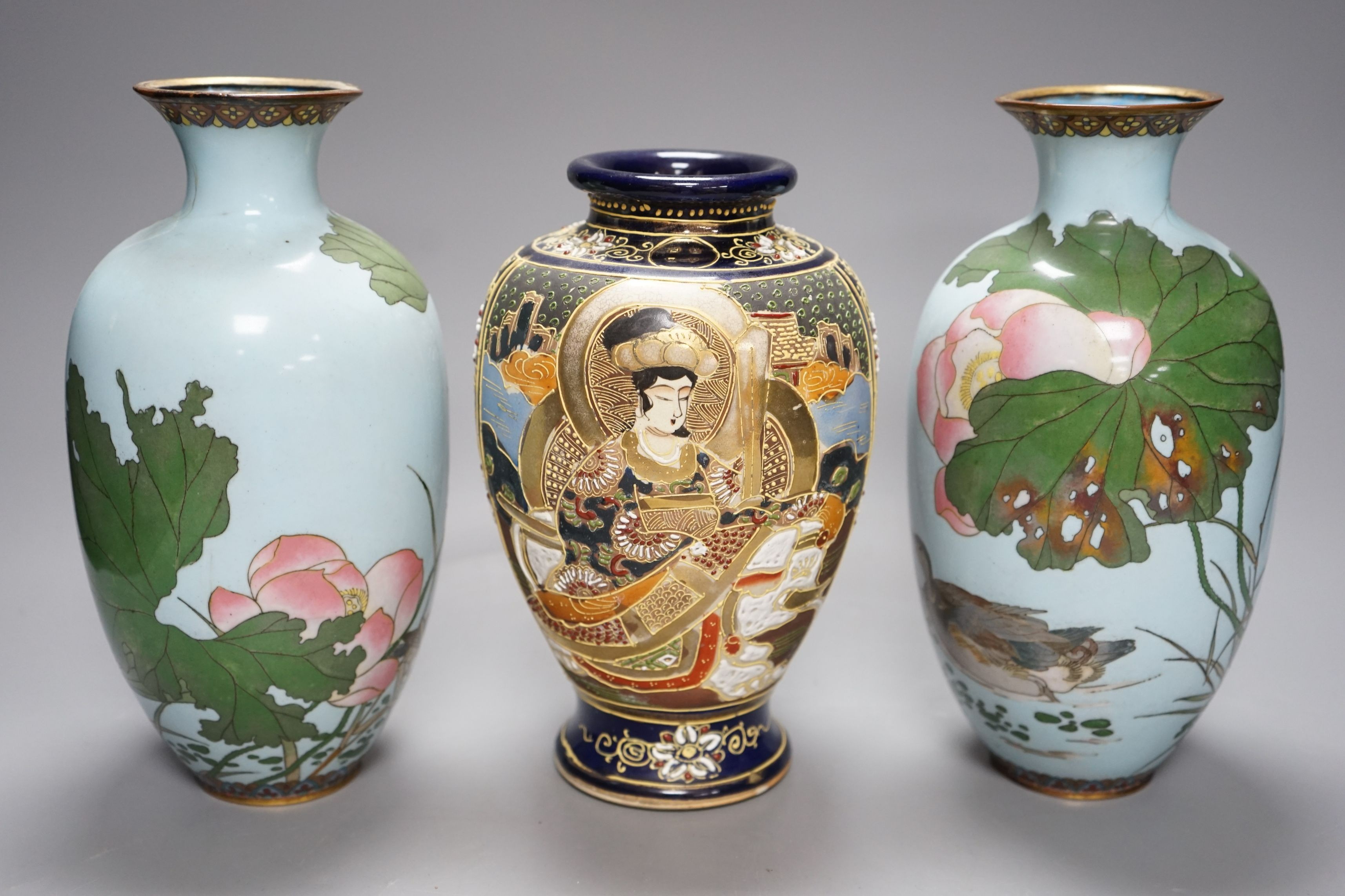 A pair of Japanese cloisonné enamel vases and a Satsuma vase (3), cloisonné vases 24cms high